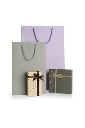 Paper bags and gift boxes isolated on white