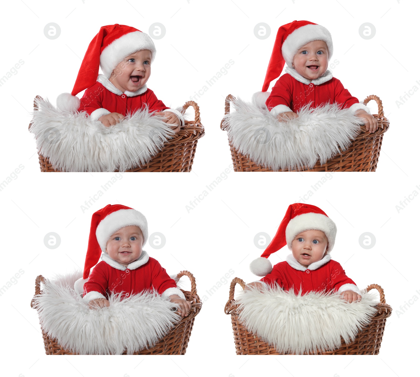 Image of Collage with photos of cute baby in wicker basket on white background. First Christmas 