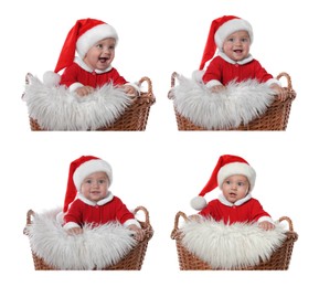 Image of Collage with photos of cute baby in wicker basket on white background. First Christmas 