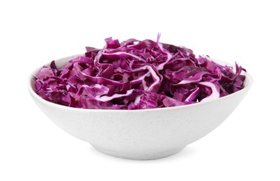 Photo of Bowl with shredded red cabbage isolated on white
