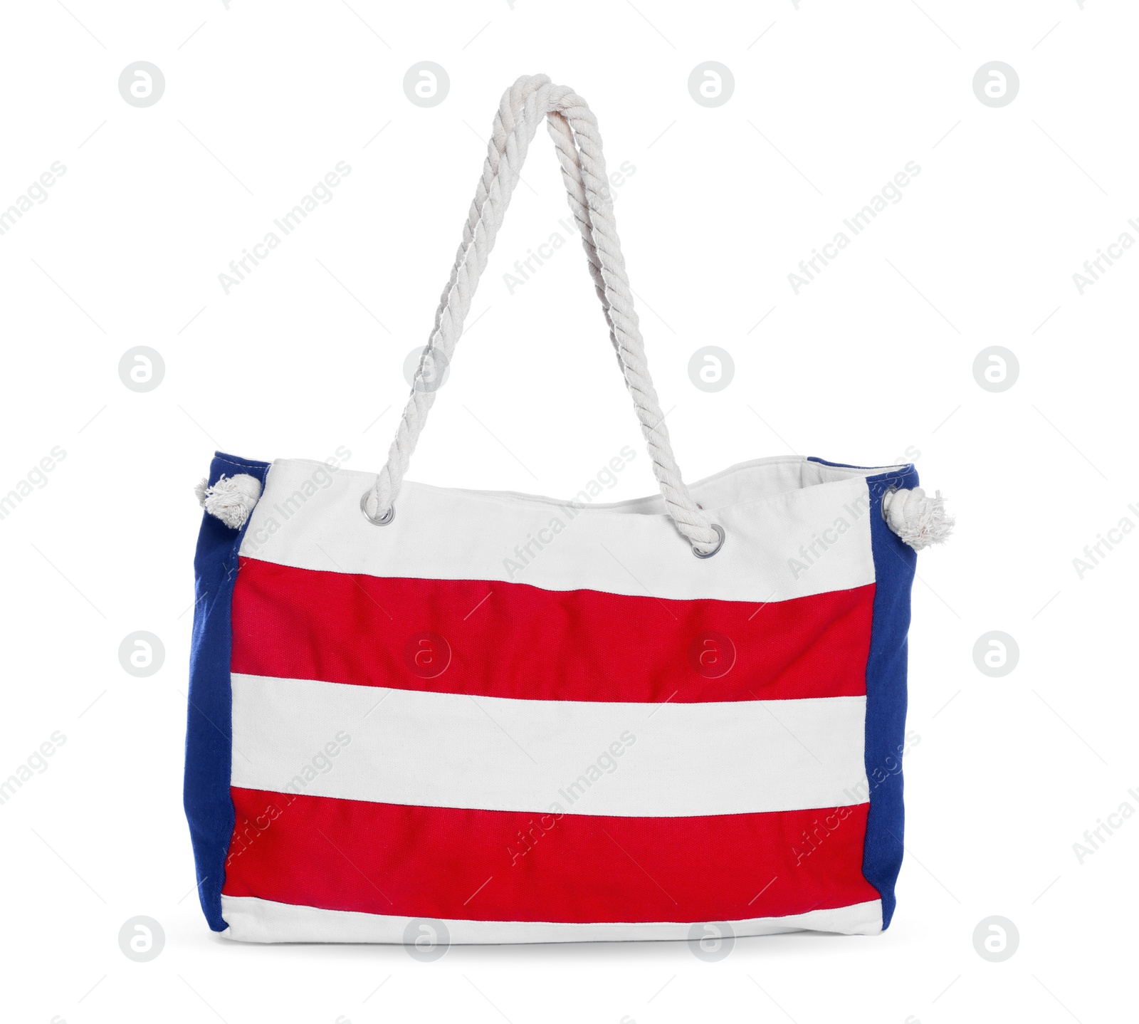 Photo of Stylish striped beach bag isolated on white