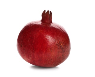 Photo of Ripe pomegranate on white background. Delicious fruit