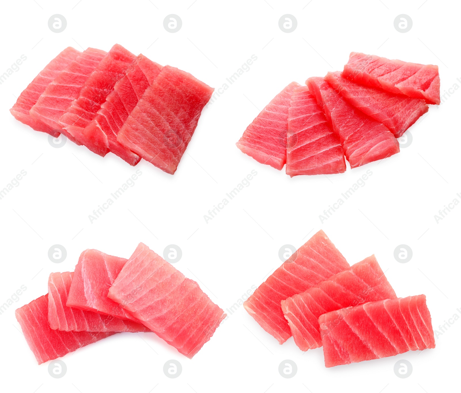 Image of Collage with fresh tuna sashimi isolated on white