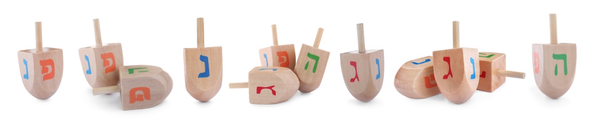 Image of Hanukkah traditional dreidels with letters on white background, collage. Banner design