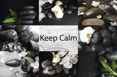 Image of Collage with beautiful photos of stones. Zen and harmony