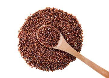 Pile of red quinoa and spoon on white background, top view