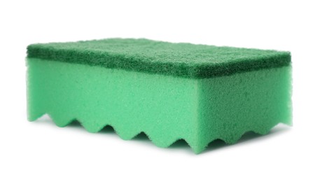 Photo of Green cleaning sponge with abrasive scourer isolated on white