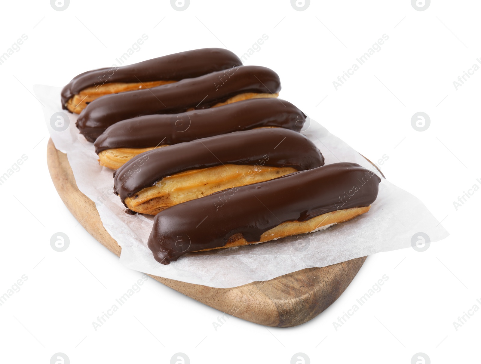 Photo of Delicious eclairs covered with chocolate isolated on white