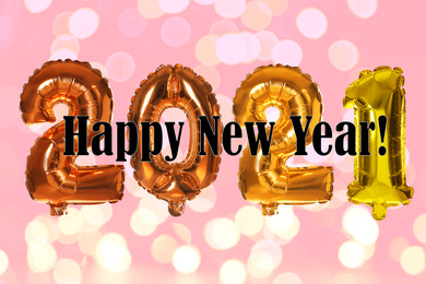 Image of Festive balloons on blurred background, bokeh effect. Happy New Year