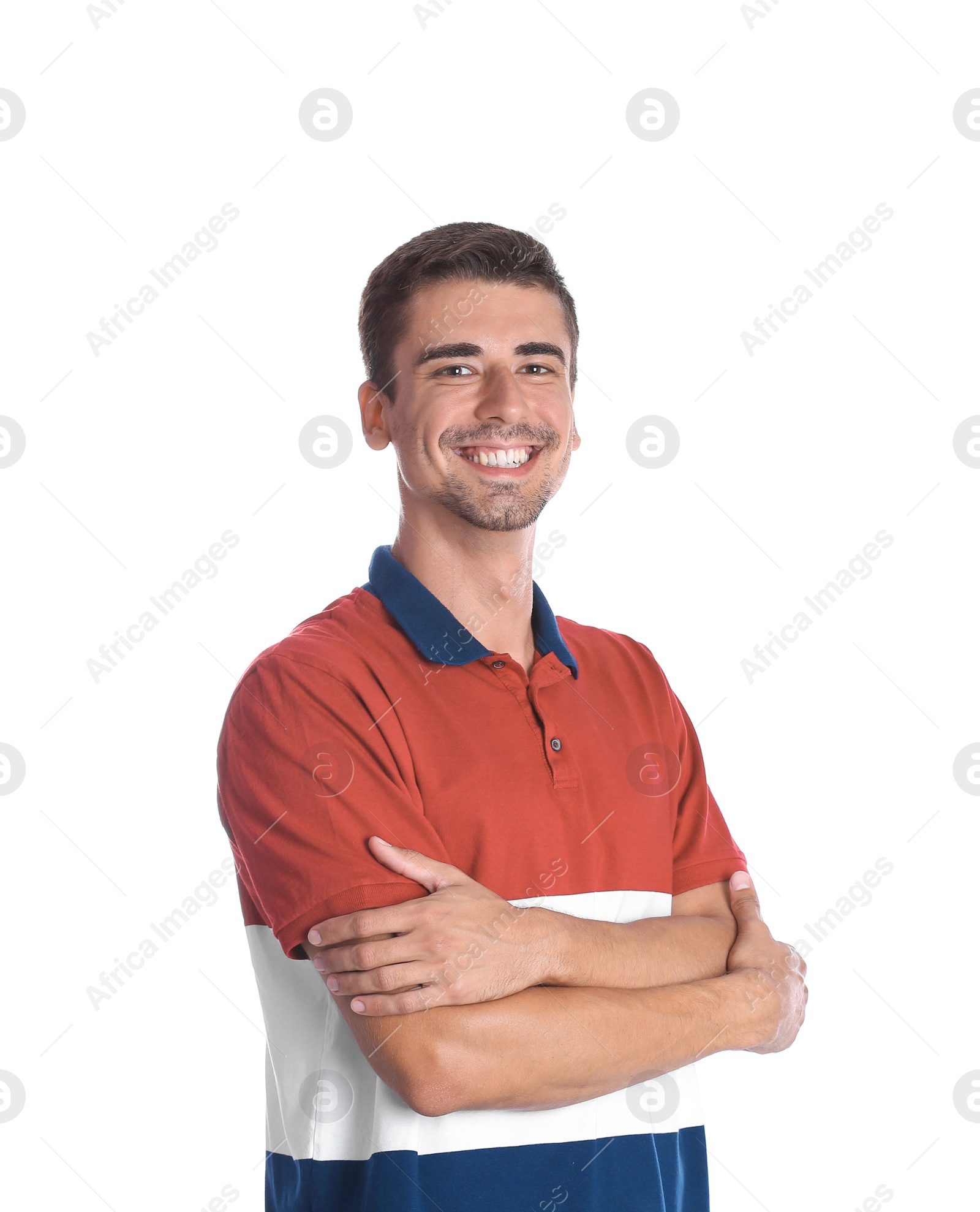 Photo of Portrait of handsome young man smiling on white background