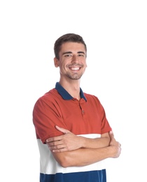 Photo of Portrait of handsome young man smiling on white background