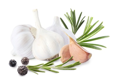 Image of Fresh garlic with rosemary and peppercorn on white background