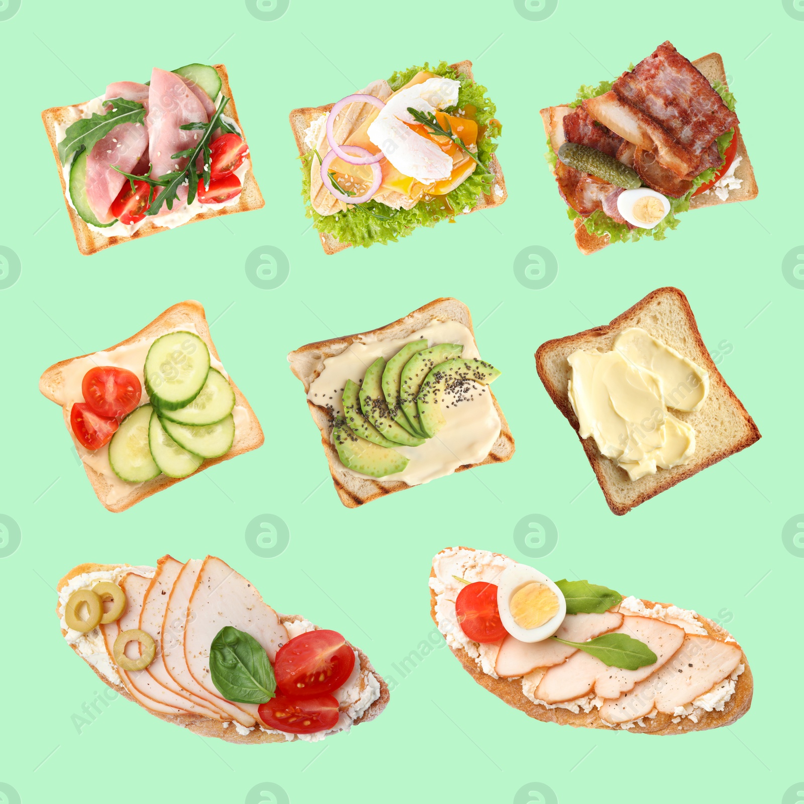 Image of Set of delicious toasted bread with different toppings on green background, top view