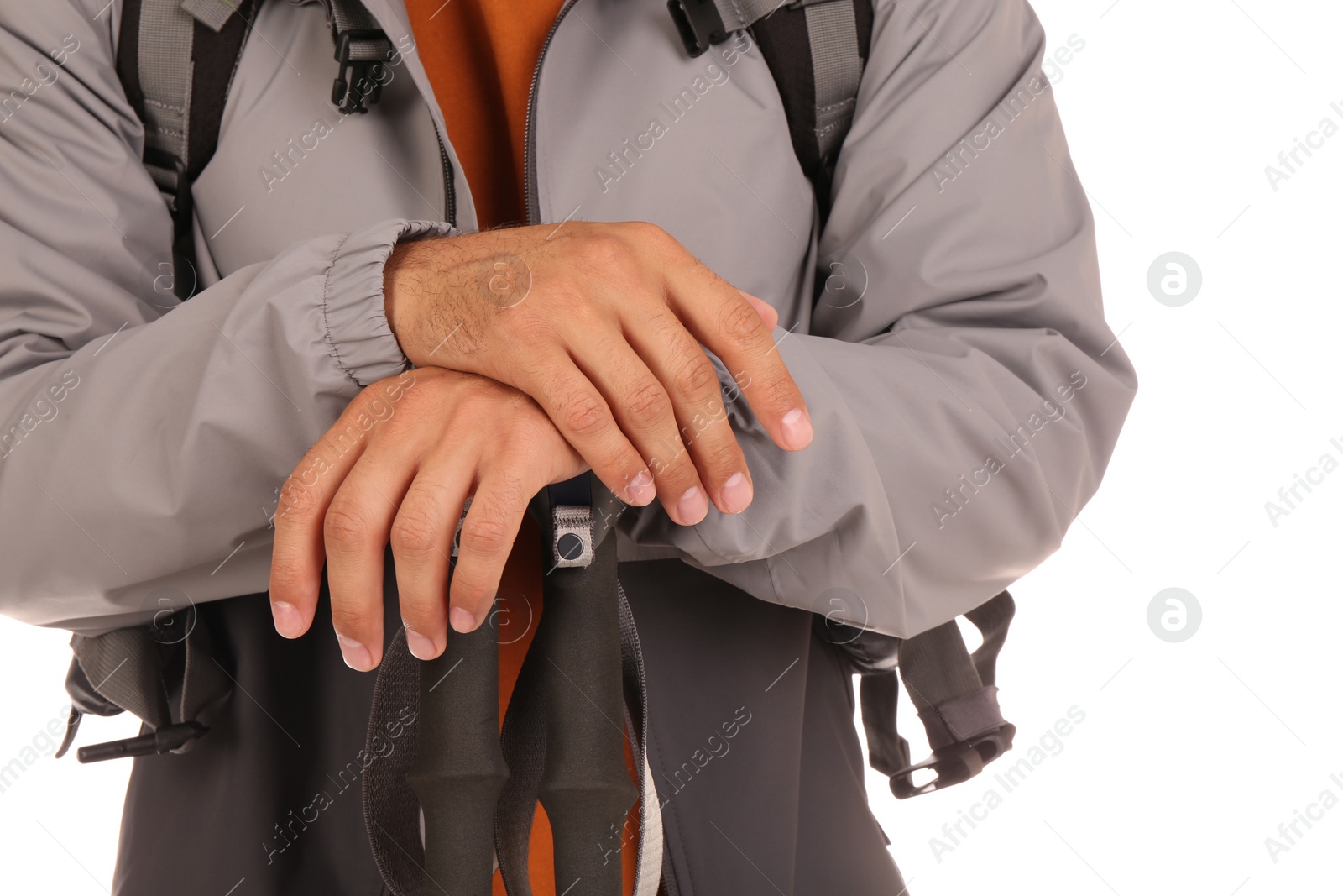 Photo of Man with trekking poles on white background, closeup