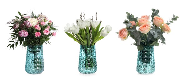 Image of Collage of stylish vase with different bouquets on white background