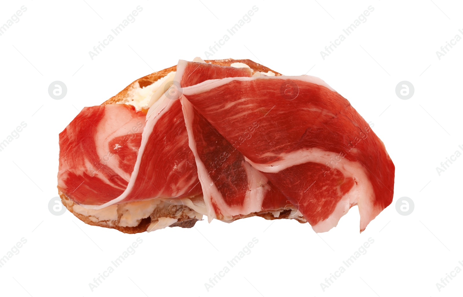 Photo of Tasty sandwich with cured ham isolated on white, top view