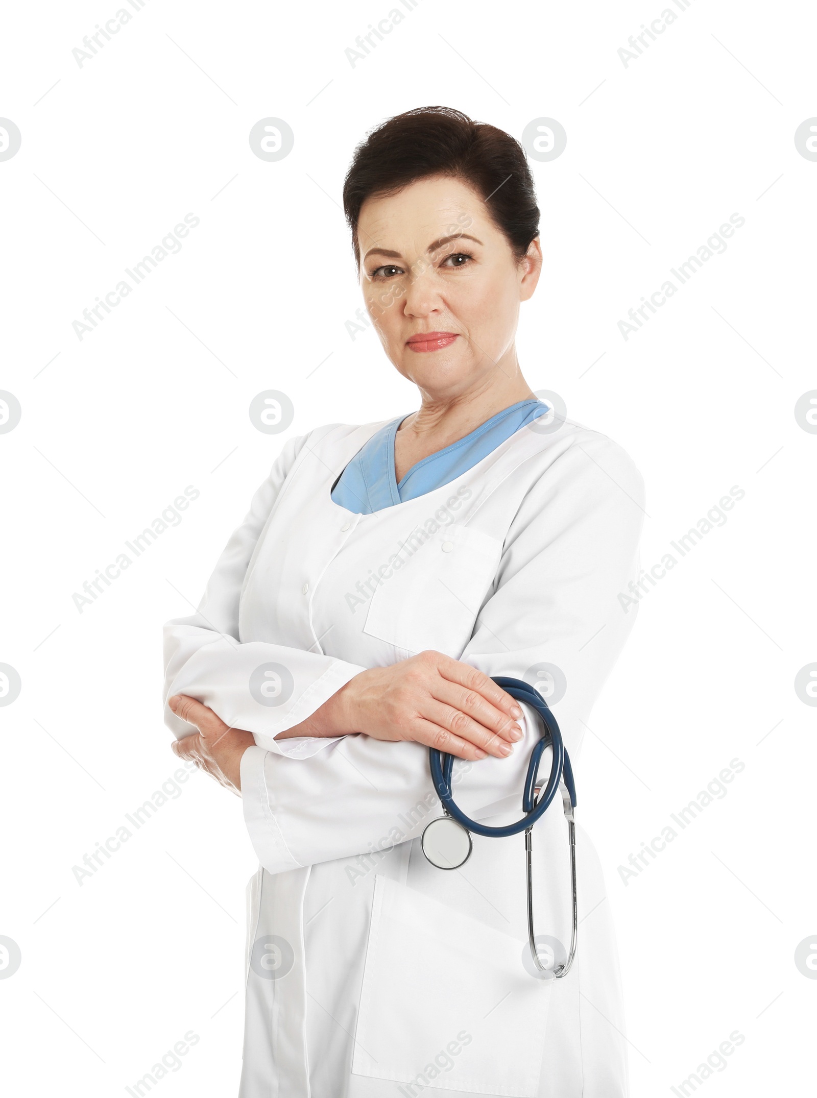 Photo of Portrait of female doctor isolated on white. Medical staff