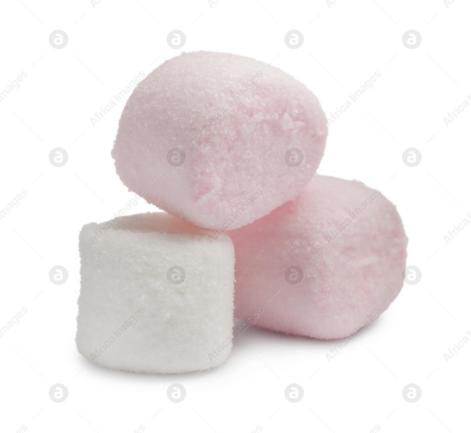 Photo of Delicious sweet puffy marshmallows on white background