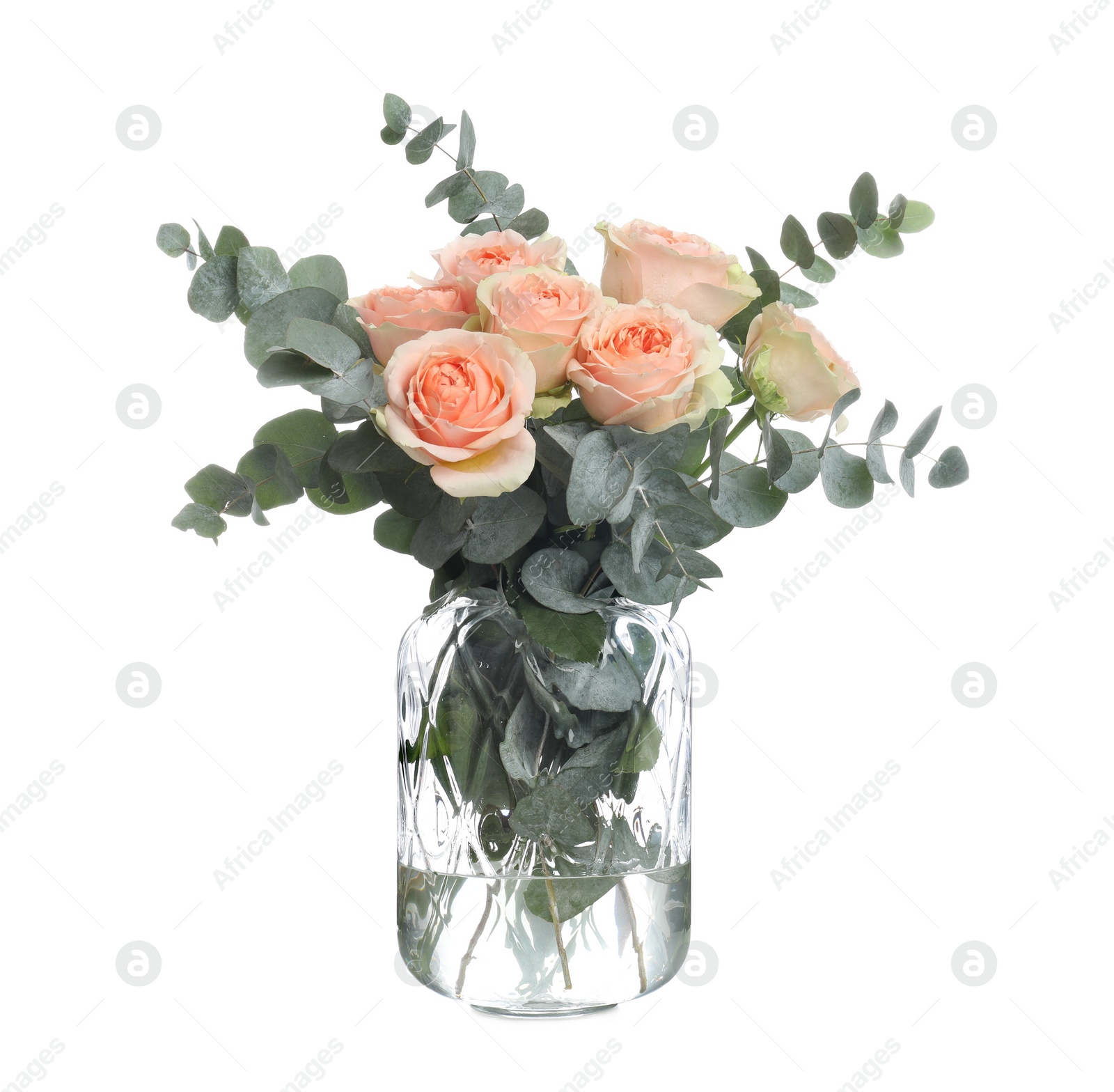 Photo of Vase with bouquet of beautiful roses on white background