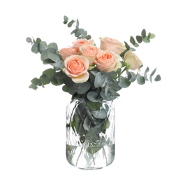 Photo of Vase with bouquet of beautiful roses on white background