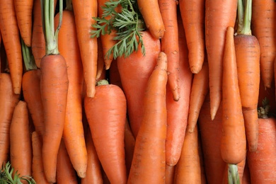 Photo of Tasty raw carrots as background, top view