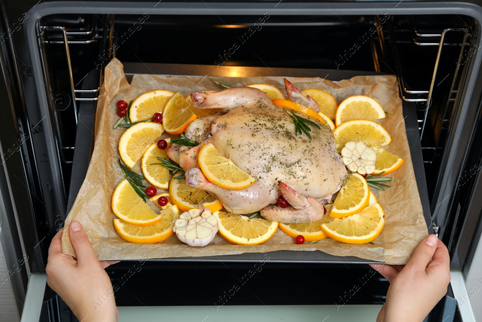 Photo of Woman putting chicken with orange slices into oven, closeup