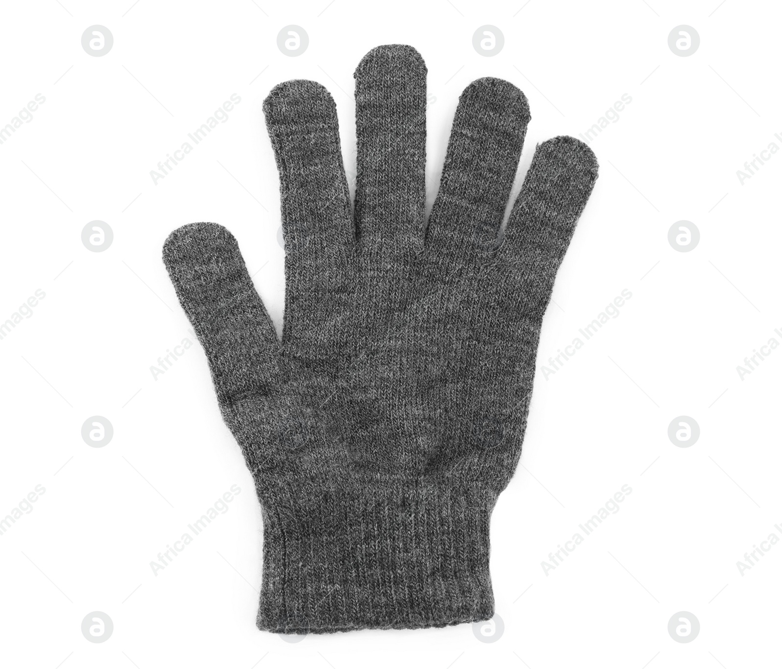 Photo of Grey woolen glove on white background, top view. Winter clothes