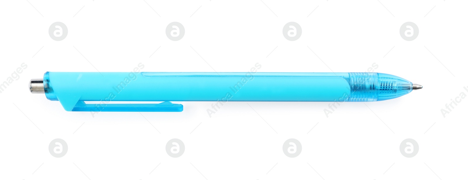 Photo of Blue retractable pen isolated on white, top view