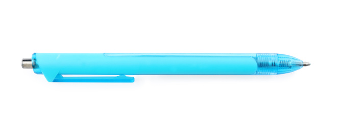Photo of Blue retractable pen isolated on white, top view