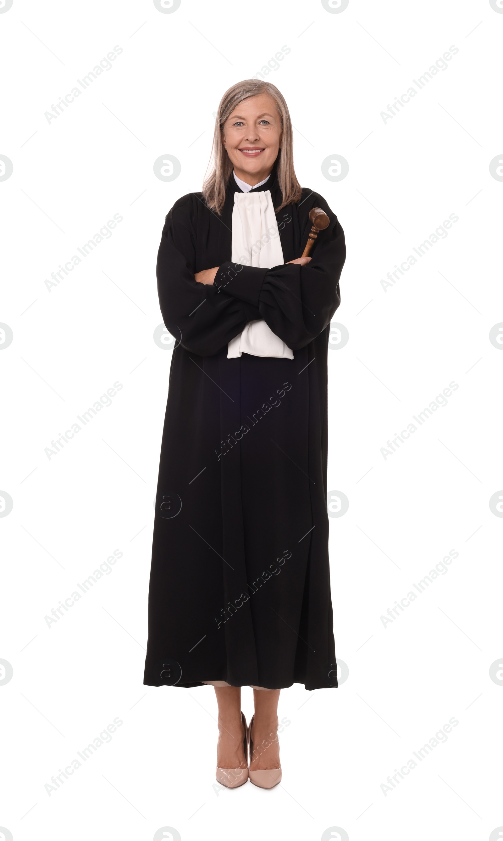 Photo of Smiling senior judge with gavel on white background