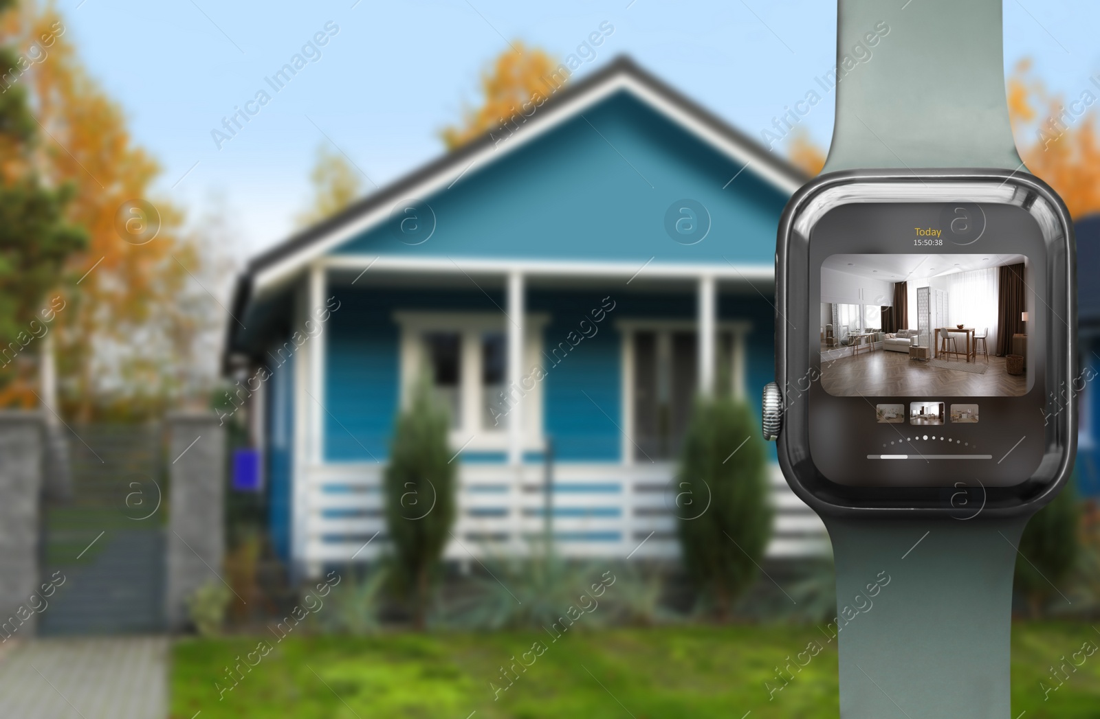Image of Home security system. Modern smartwatch with image of room through CCTV camera on display against house, collage design