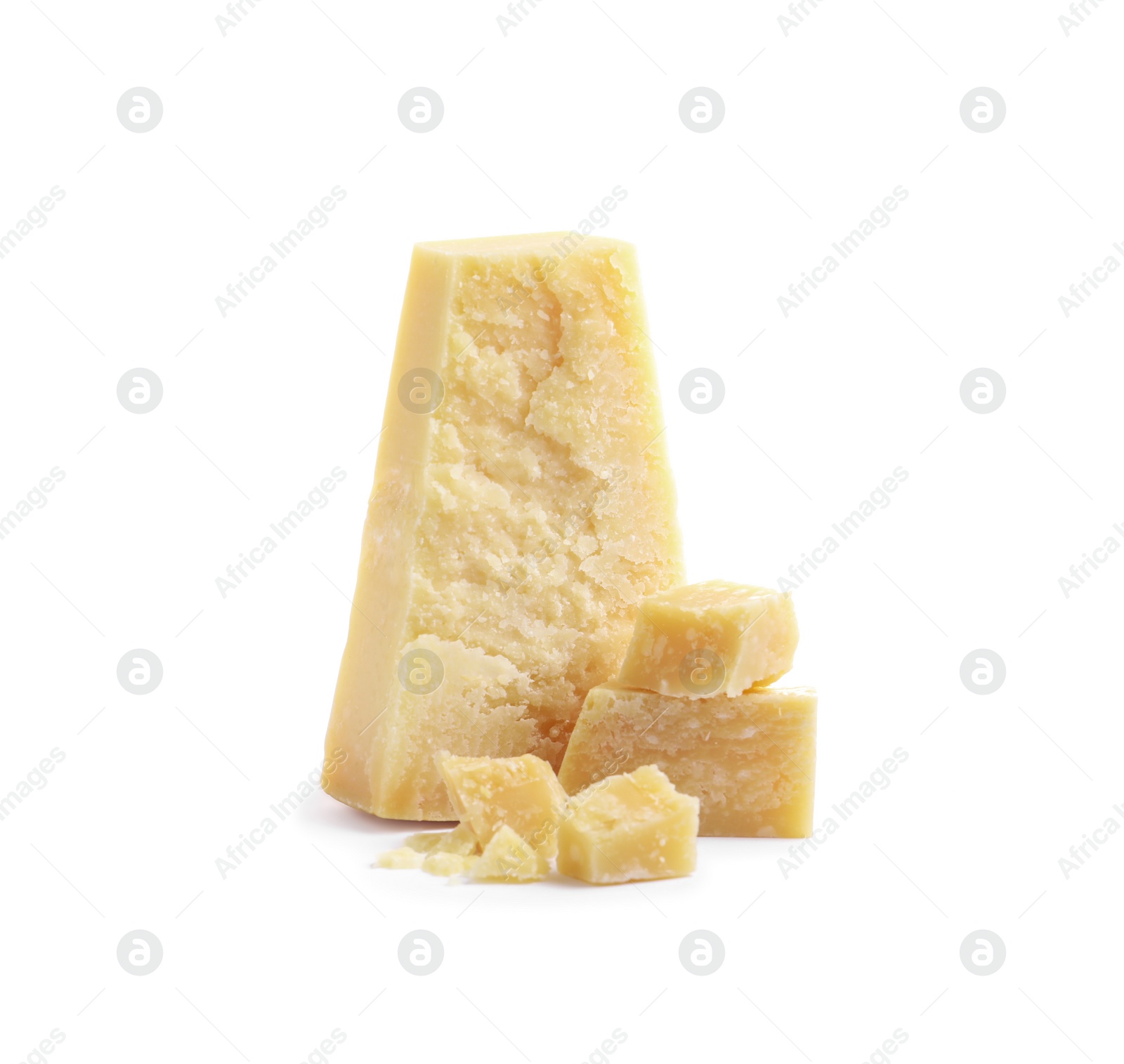 Photo of Pieces of delicious parmesan cheese on white background