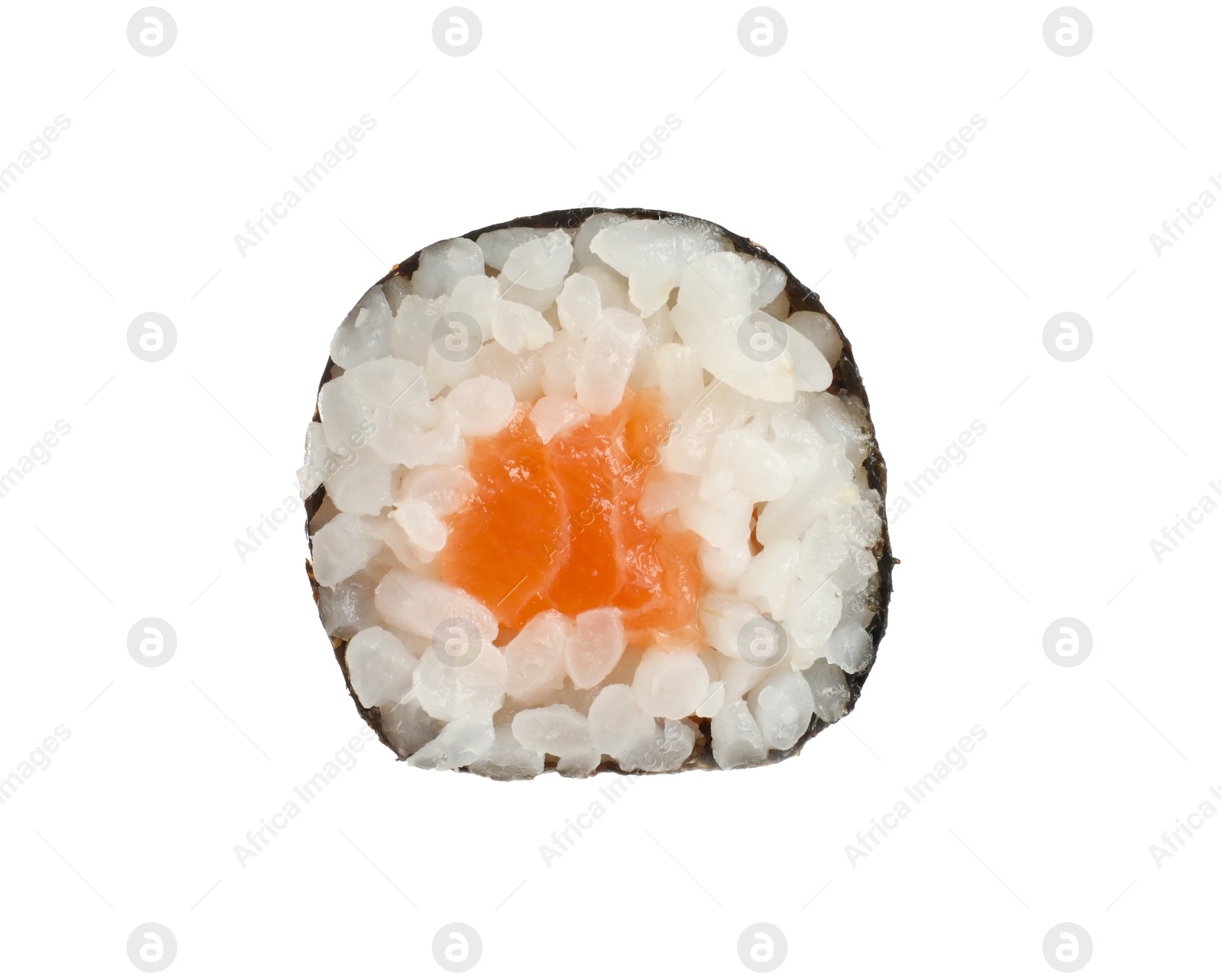 Photo of Delicious fresh sushi roll with salmon isolated on white