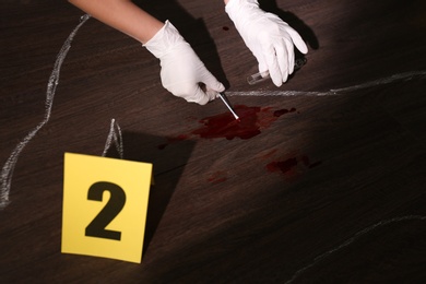 Photo of Detective taking blood sample from crime scene, closeup