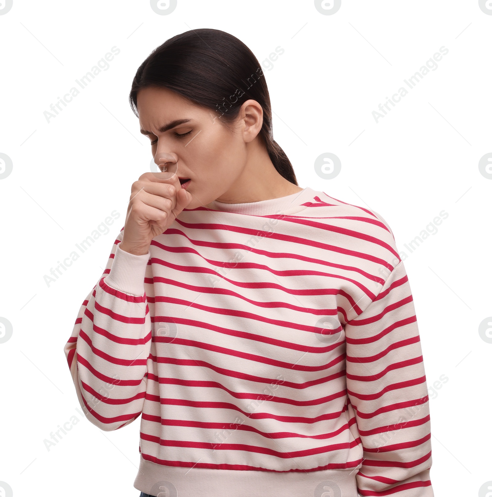 Photo of Woman coughing on white background. Cold symptoms