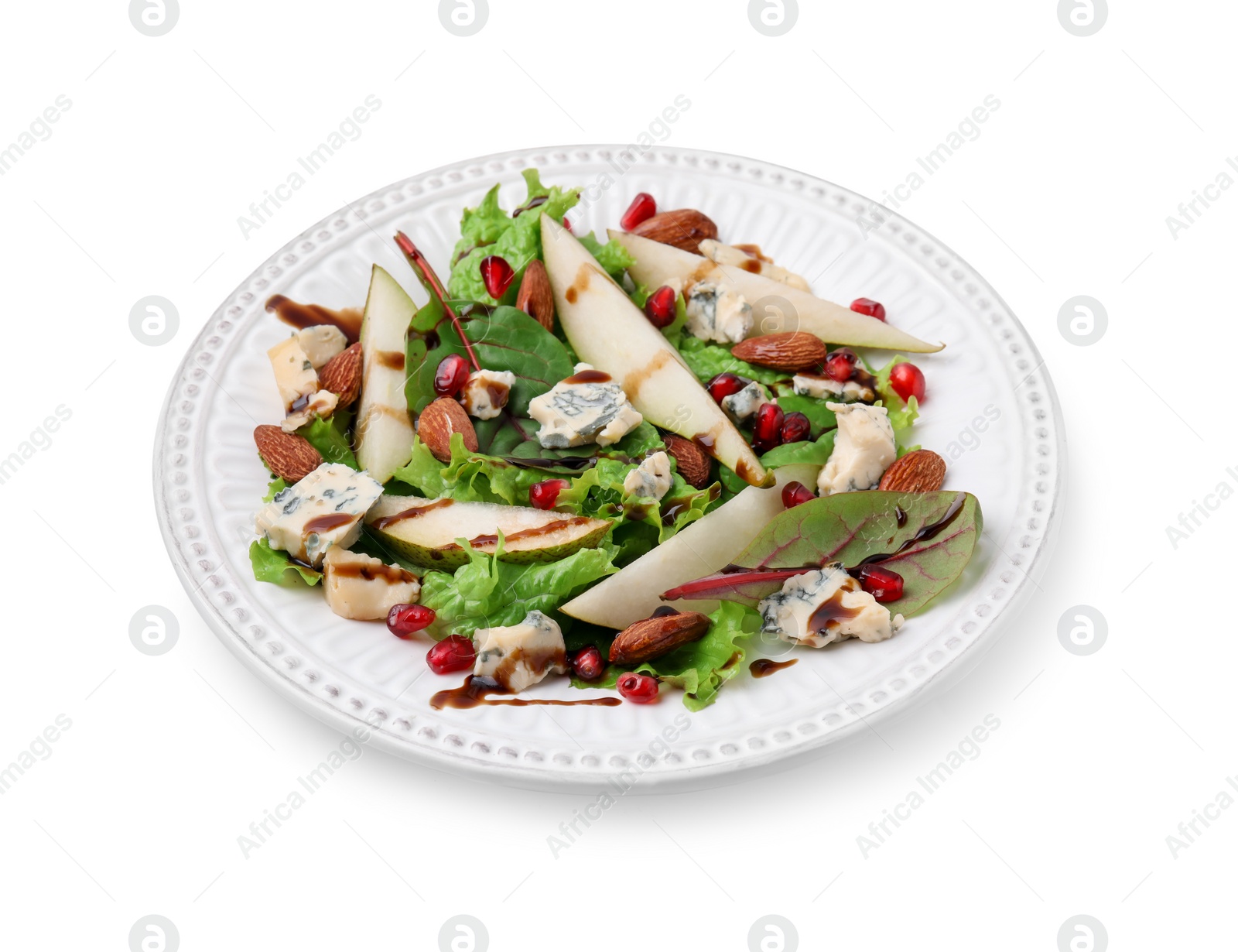 Photo of Delicious pear salad with sauce isolated on white