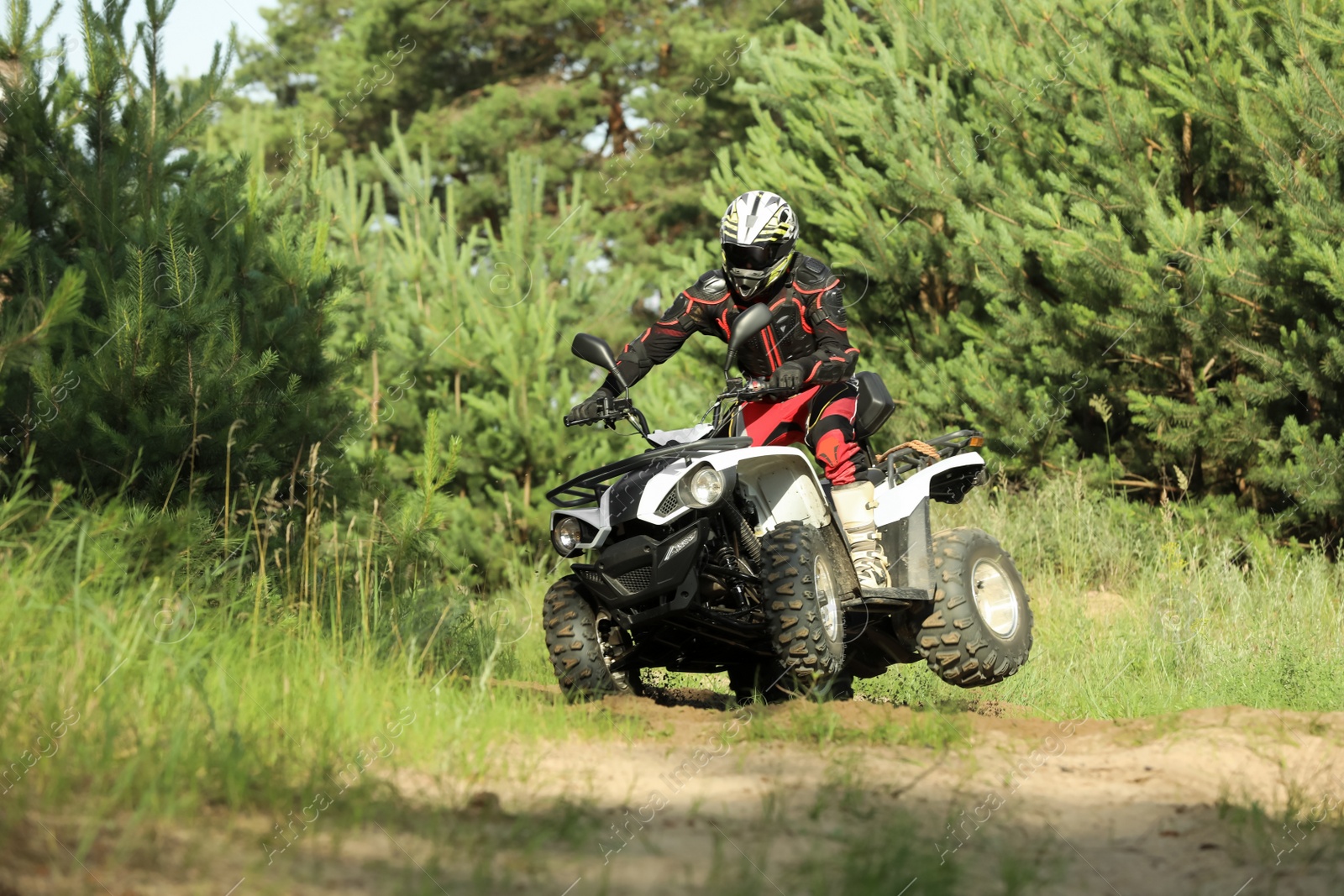 Photo of Man driving modern quad bike on sandy road near forest. Extreme sport