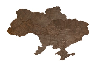 Photo of Wooden map of Ukraine isolated on white, top view