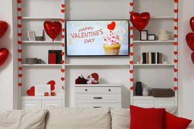 Cozy living room decorated for Valentine Day. Interior design