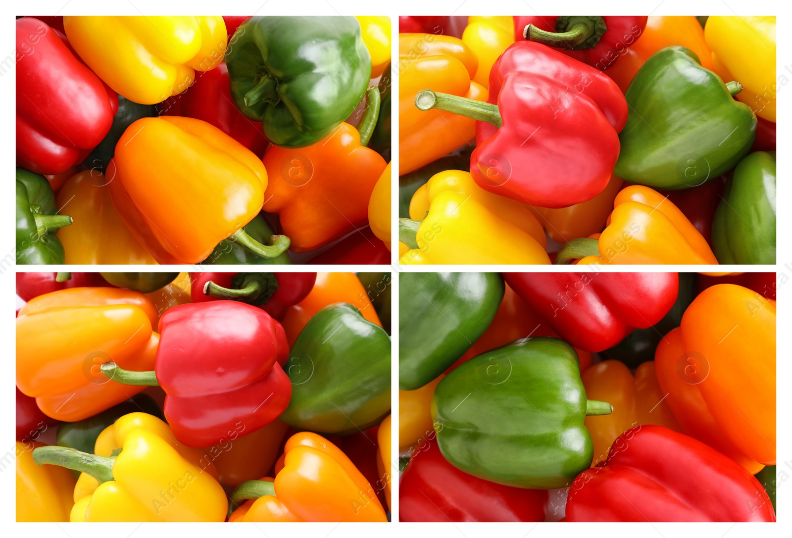 Image of Collage with different ripe bell peppers on white background, closeup