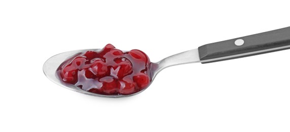 Spoon with fresh cranberry sauce isolated on white