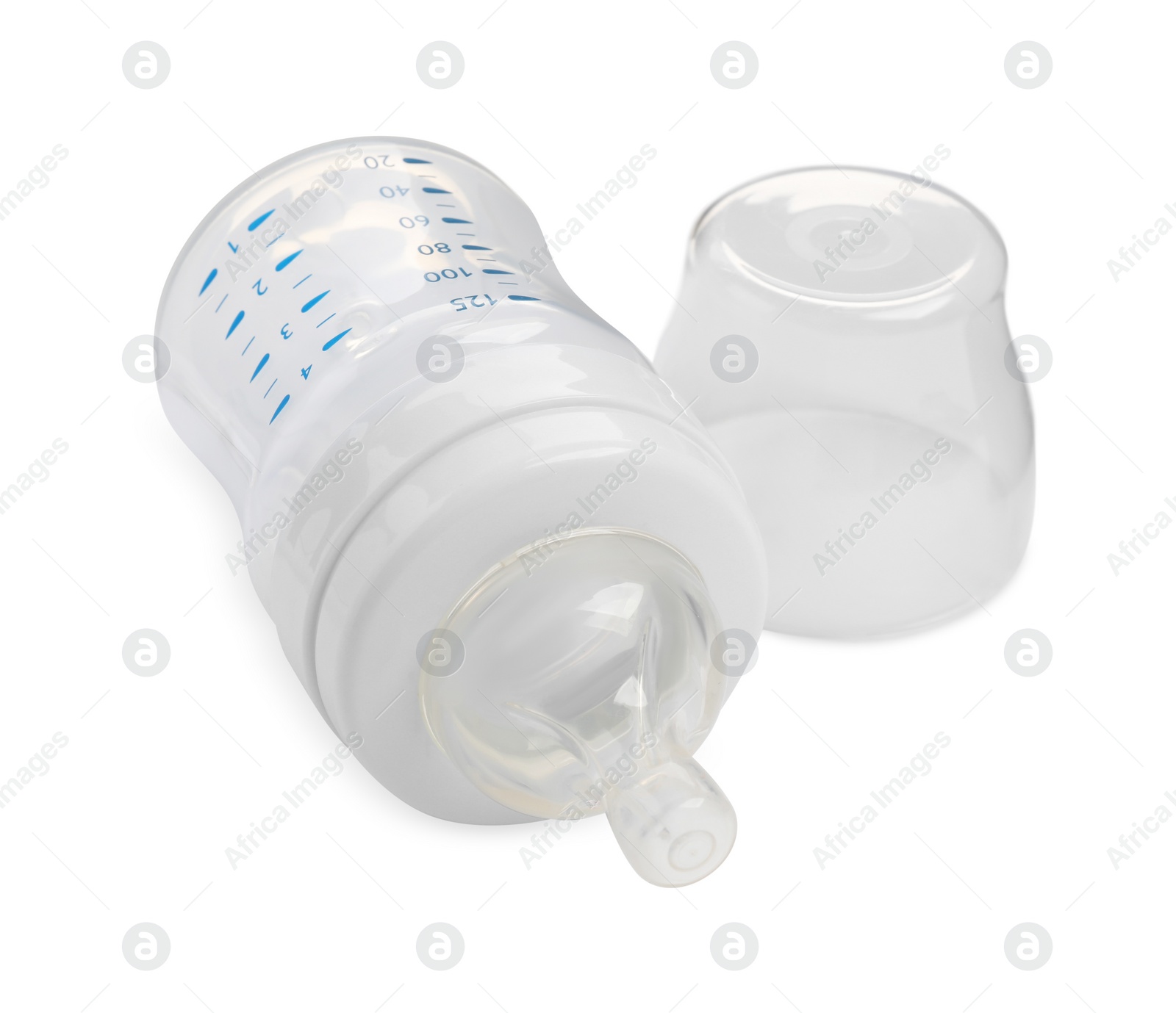 Photo of Empty feeding bottle for baby milk isolated on white