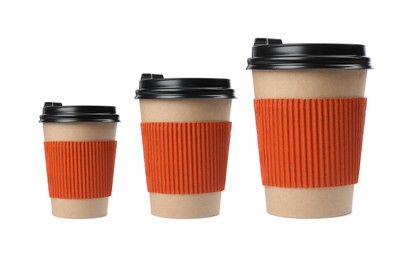 Image of Set with different takeaway coffee cups on white background