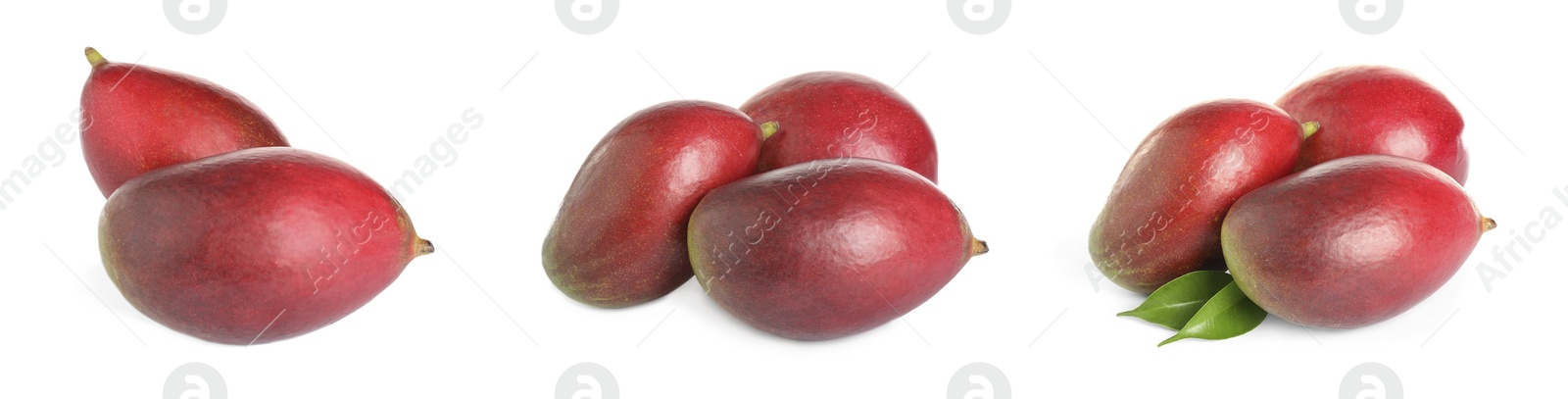 Image of Set of delicious mangoes on white background. Banner design