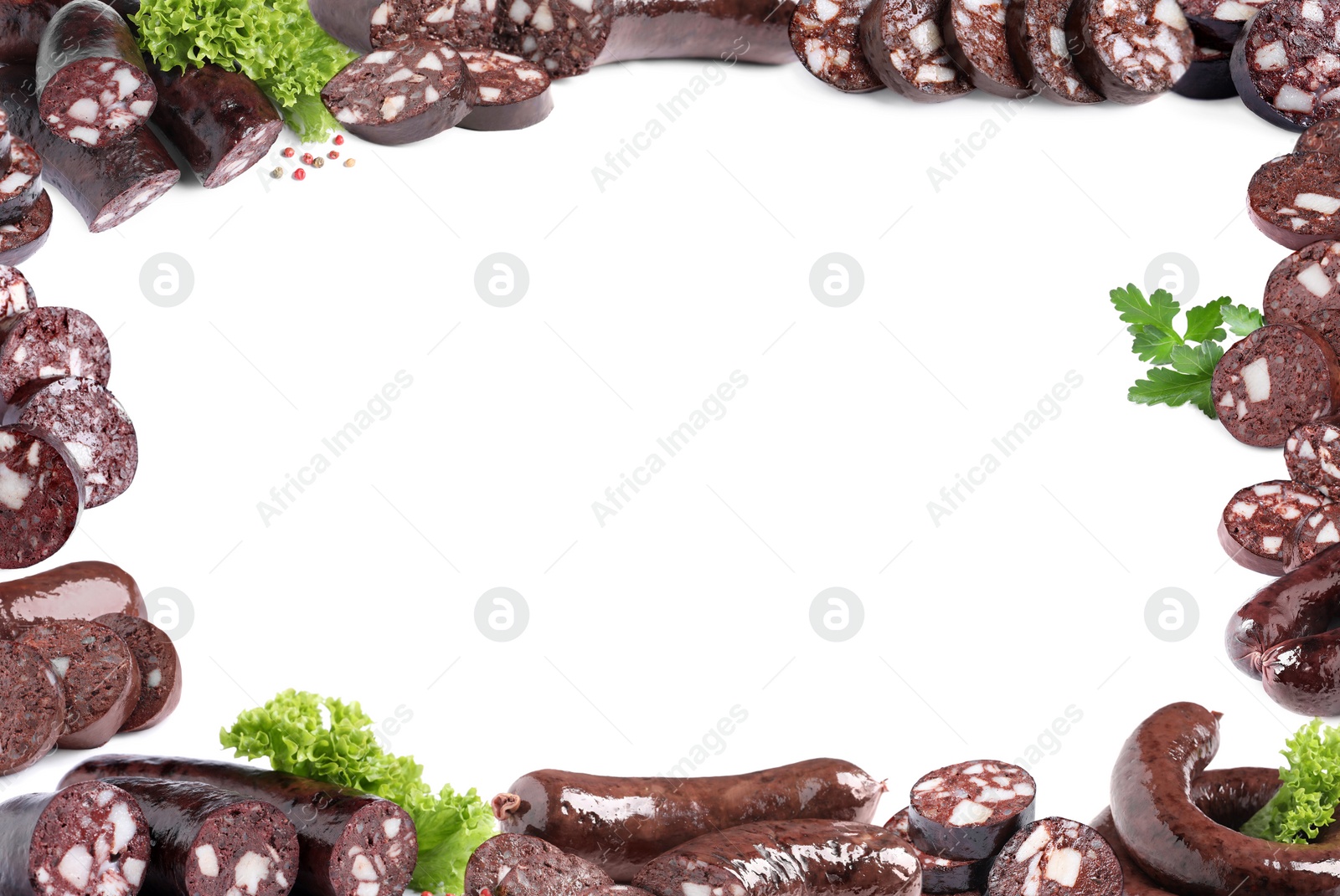 Image of Frame of tasty blood sausages on white background