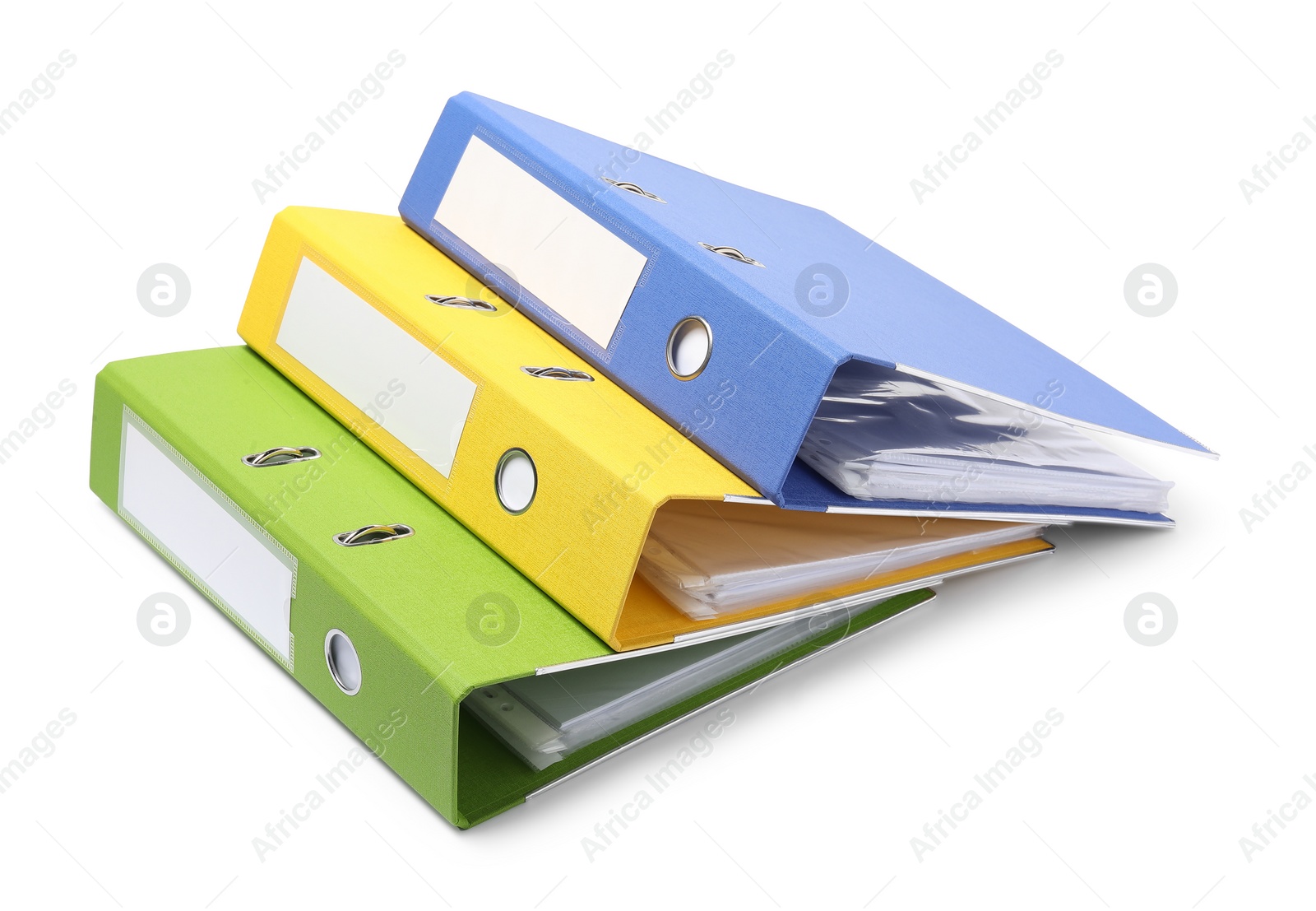 Photo of Many bright office folders isolated on white