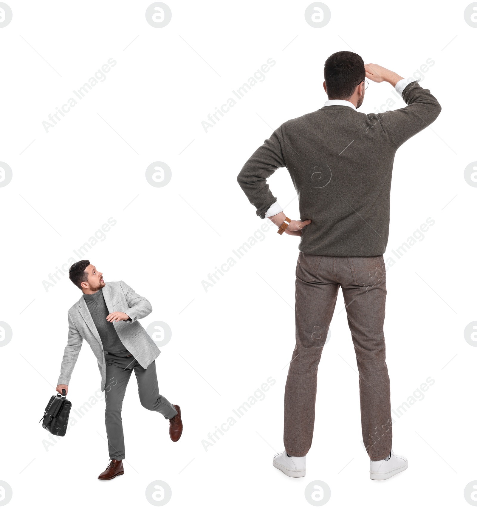 Image of Small man running from giant boss on white background