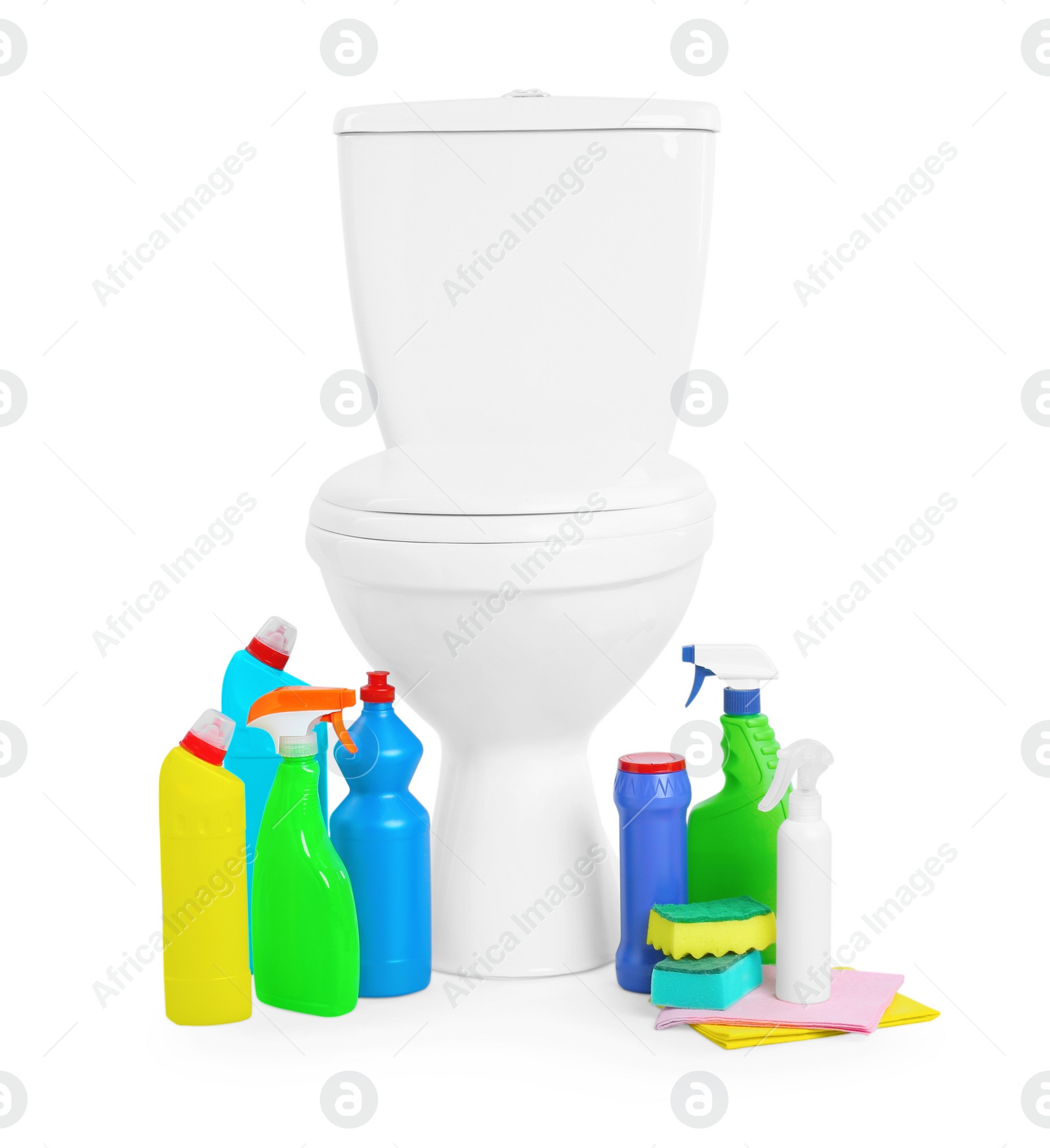 Photo of Different cleaning supplies near toilet bowl on white background