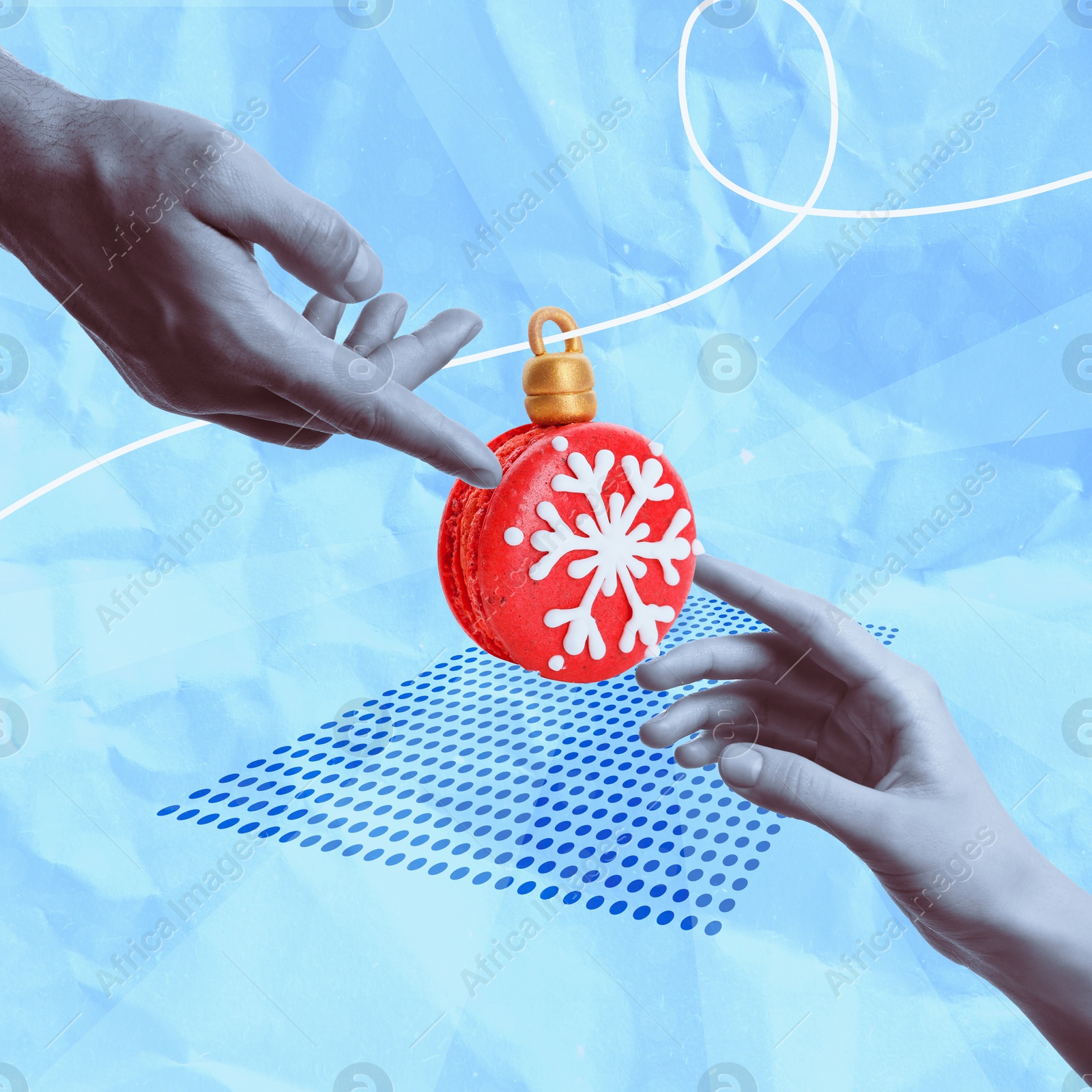 Image of Christmas art collage. Man and woman touching festive ball on color background