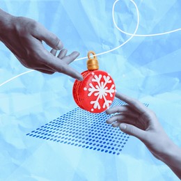 Christmas art collage. Man and woman touching festive ball on color background